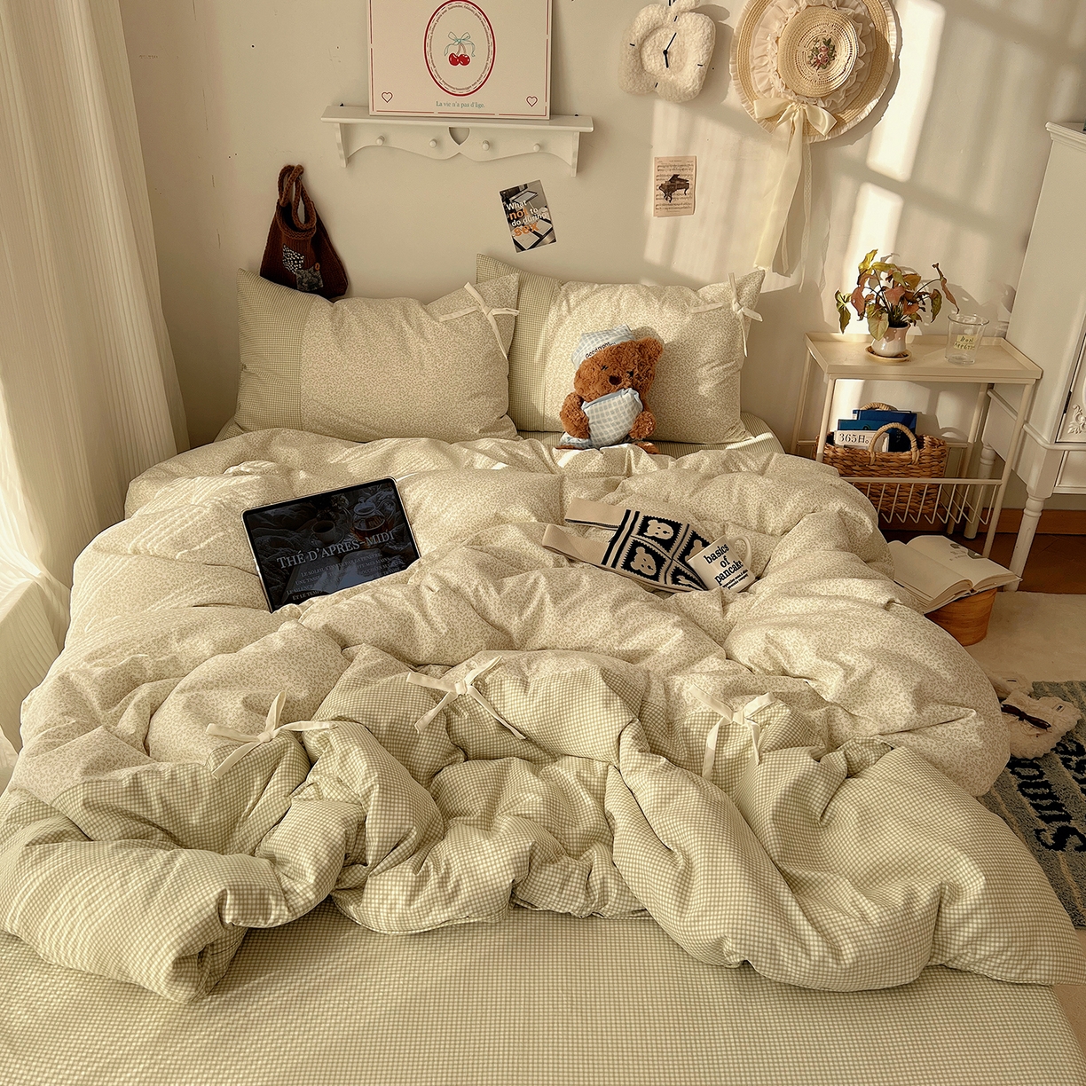 91家纺网 家纺一手货源 找家纺 沐芷 2026 【提供买家秀】公主风蝴蝶结A类古法水洗仿棉四件套床上用品三件套被套床单 公主蝴蝶结-绿