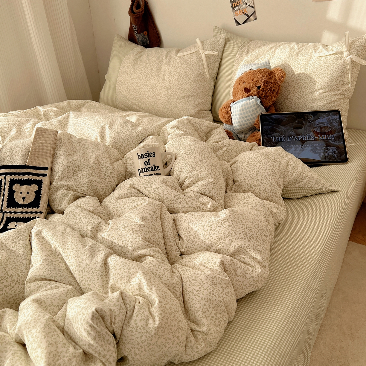 91家纺网 家纺一手货源 找家纺 沐芷 2026 【提供买家秀】公主风蝴蝶结A类古法水洗仿棉四件套床上用品三件套被套床单 公主蝴蝶结-绿