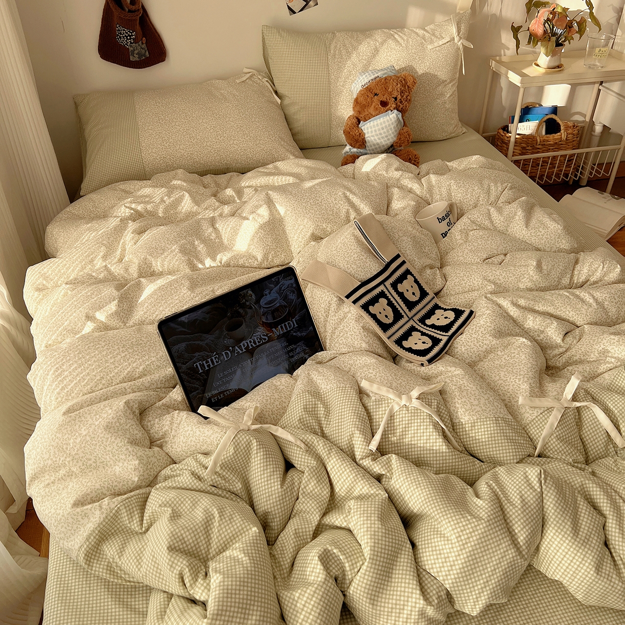 91家纺网 家纺一手货源 找家纺 沐芷 2026 【提供买家秀】公主风蝴蝶结A类古法水洗仿棉四件套床上用品三件套被套床单 公主蝴蝶结-绿