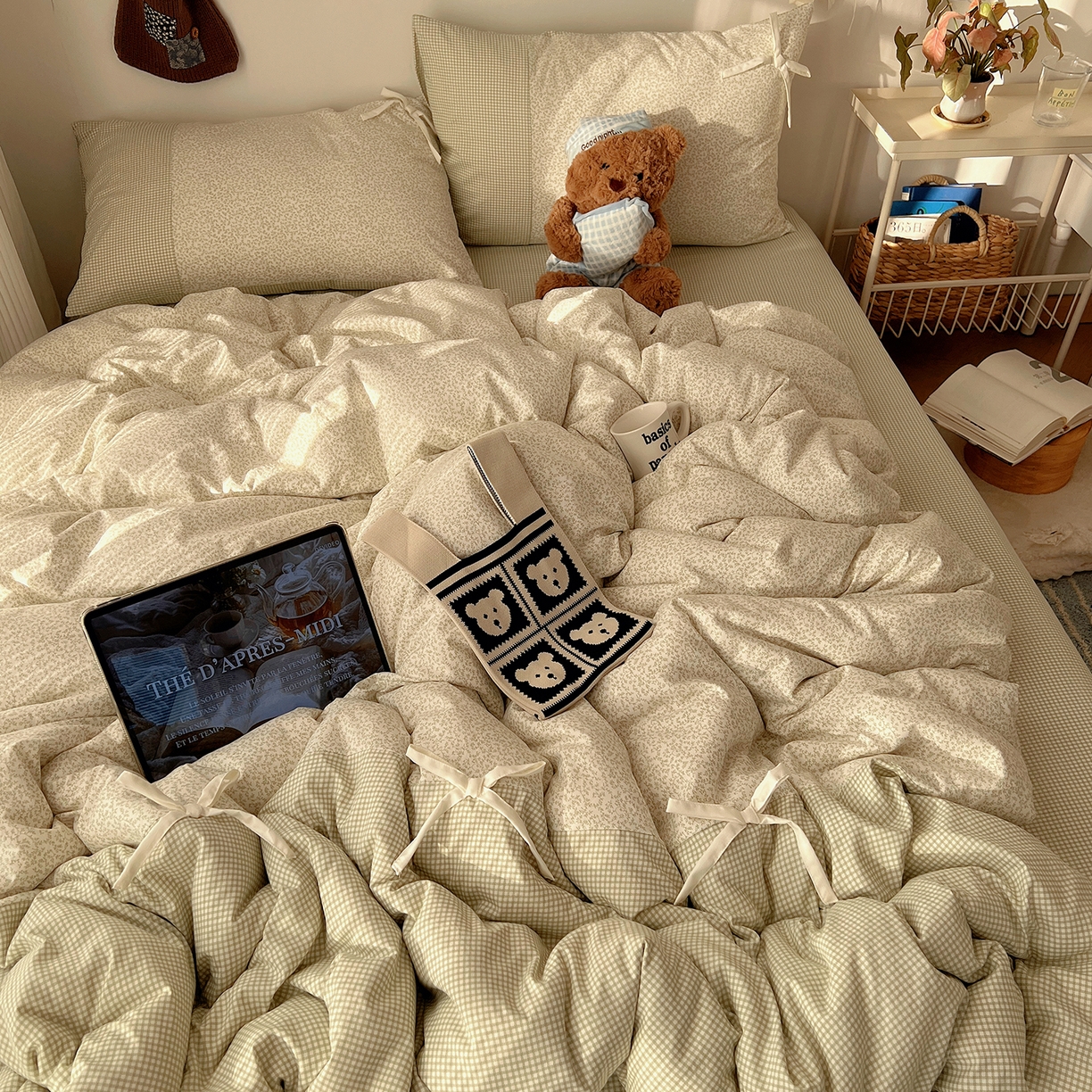 91家纺网 家纺一手货源 找家纺 沐芷 2026 【提供买家秀】公主风蝴蝶结A类古法水洗仿棉四件套床上用品三件套被套床单 公主蝴蝶结-绿