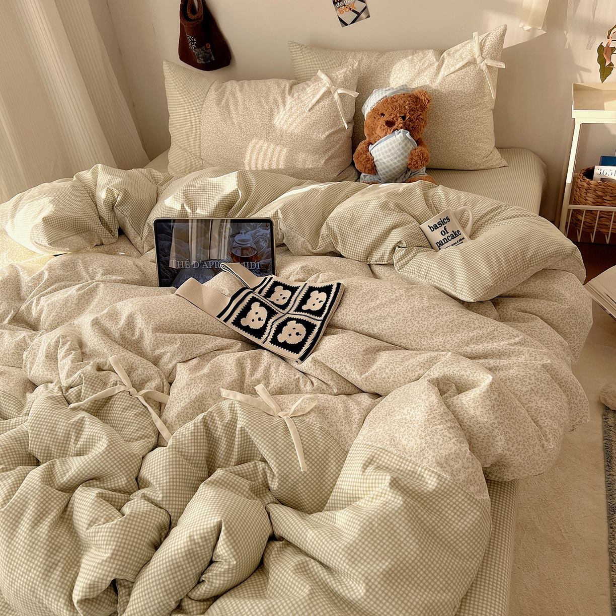 91家纺网 家纺一手货源 找家纺 沐芷 2026 【提供买家秀】公主风蝴蝶结A类古法水洗仿棉四件套床上用品三件套被套床单 公主蝴蝶结-绿