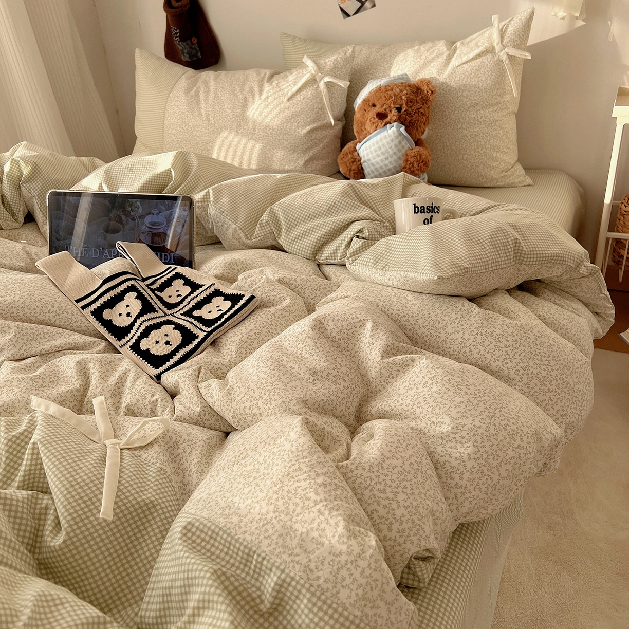 91家纺网 家纺一手货源 找家纺 沐芷 2026 【提供买家秀】公主风蝴蝶结A类古法水洗仿棉四件套床上用品三件套被套床单 公主蝴蝶结-绿