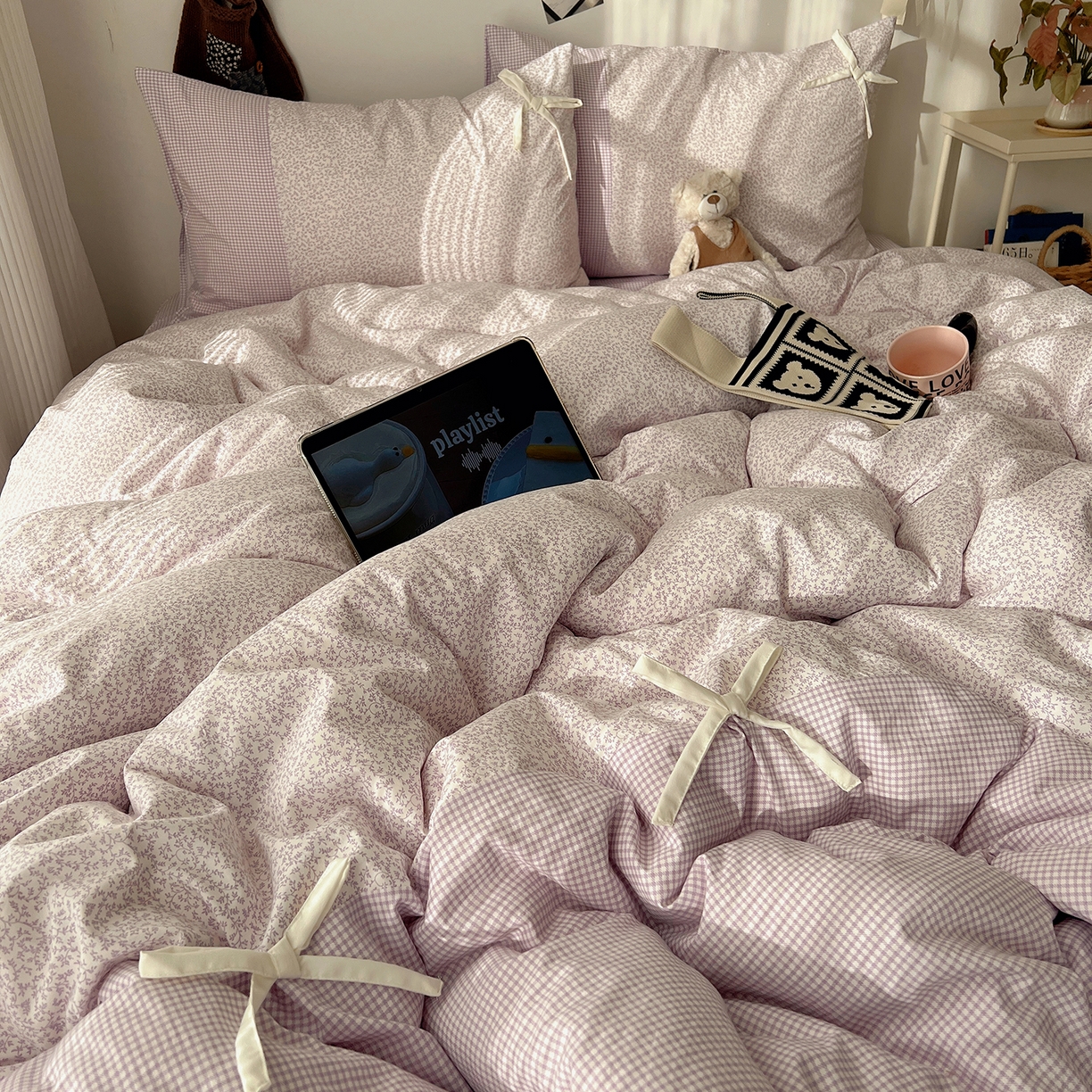 91家纺网 家纺一手货源 找家纺 沐芷 2026 【提供买家秀】公主风蝴蝶结A类古法水洗仿棉四件套床上用品三件套被套床单 公主蝴蝶结-紫