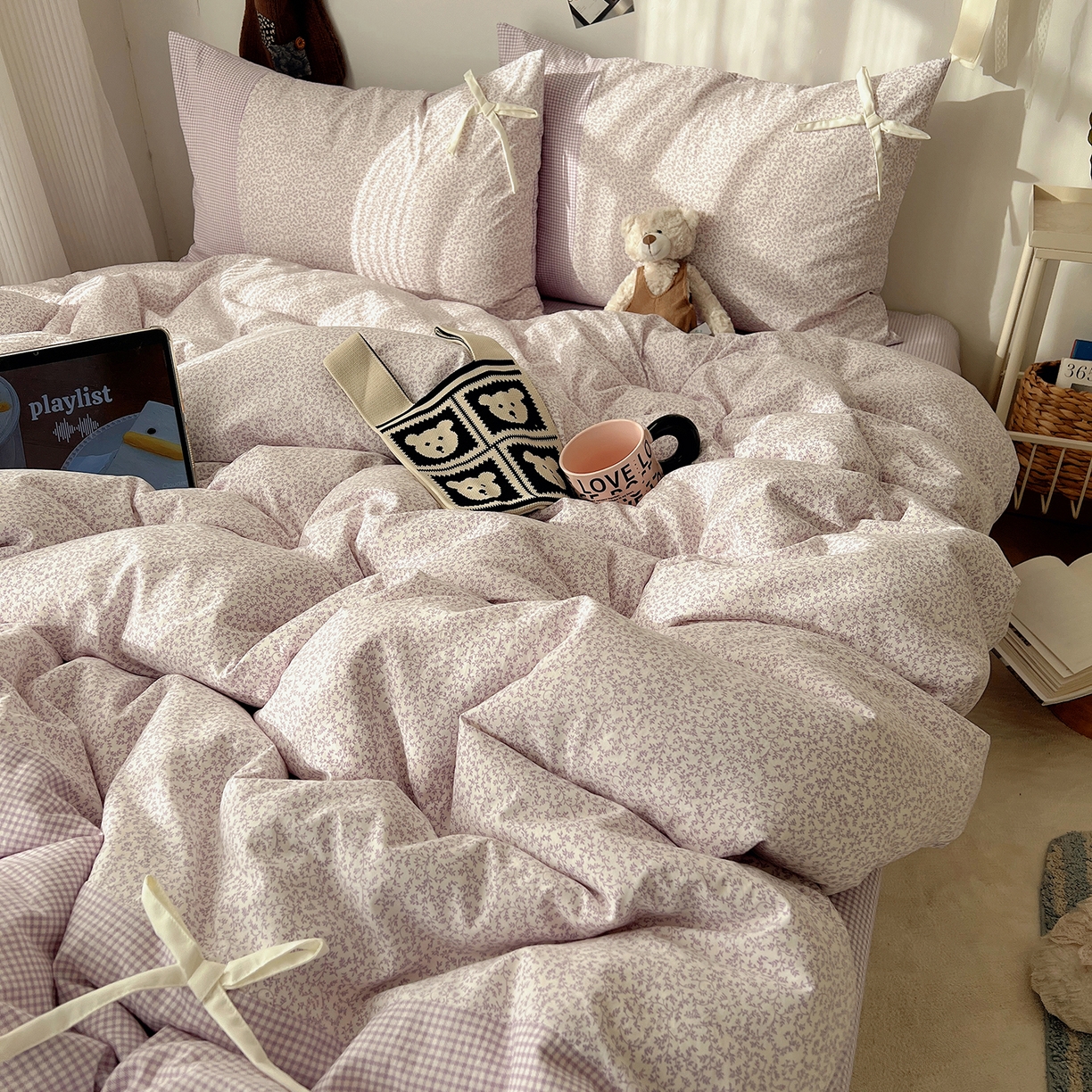 91家纺网 家纺一手货源 找家纺 沐芷 2026 【提供买家秀】公主风蝴蝶结A类古法水洗仿棉四件套床上用品三件套被套床单 公主蝴蝶结-紫