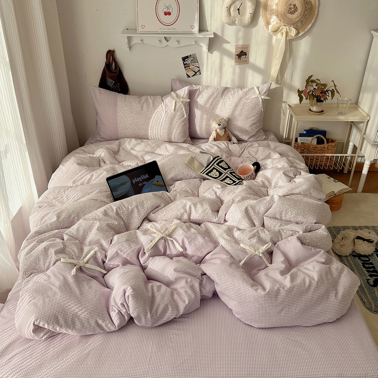 91家纺网 家纺一手货源 找家纺 沐芷 2026 【提供买家秀】公主风蝴蝶结A类古法水洗仿棉四件套床上用品三件套被套床单 公主蝴蝶结-紫