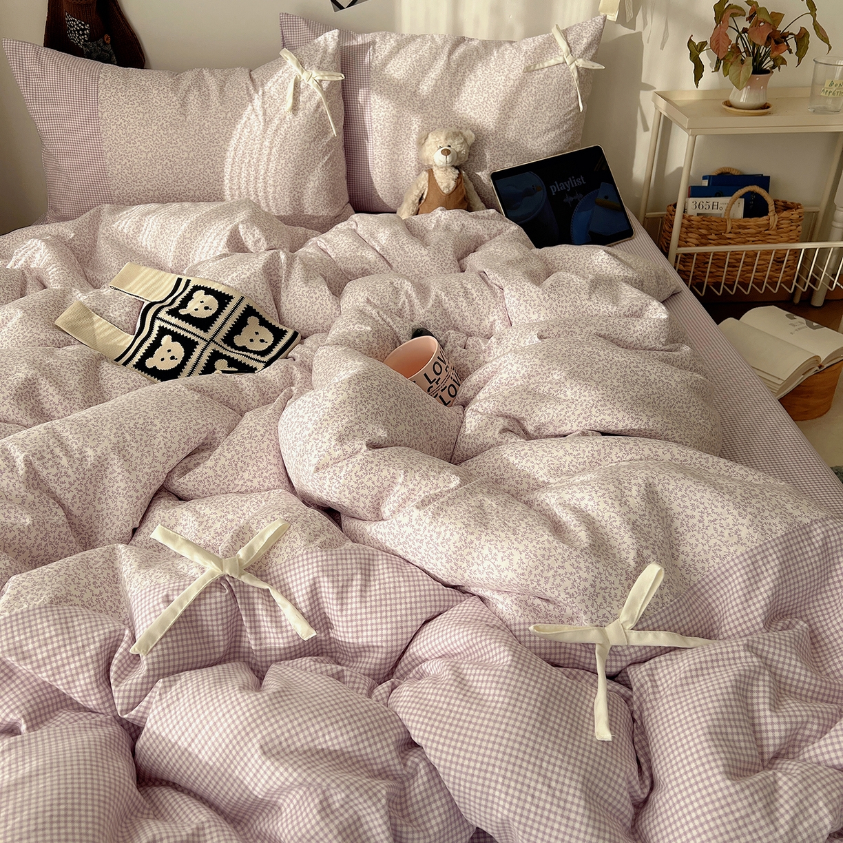 91家纺网 家纺一手货源 找家纺 沐芷 2026 【提供买家秀】公主风蝴蝶结A类古法水洗仿棉四件套床上用品三件套被套床单 公主蝴蝶结-紫