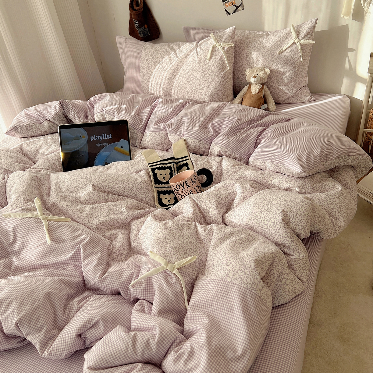 91家纺网 家纺一手货源 找家纺 沐芷 2026 【提供买家秀】公主风蝴蝶结A类古法水洗仿棉四件套床上用品三件套被套床单 公主蝴蝶结-紫