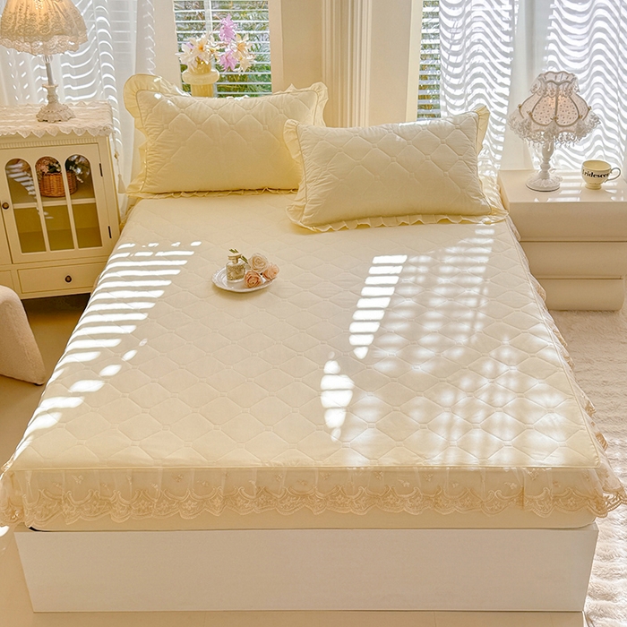 91家纺网 家纺一手货源 找家纺 美达家纺 2026新款13372全棉素色夹棉床笠 米白