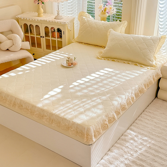 91家纺网 家纺一手货源 找家纺 美达家纺 2026新款13372全棉素色夹棉床笠 米白