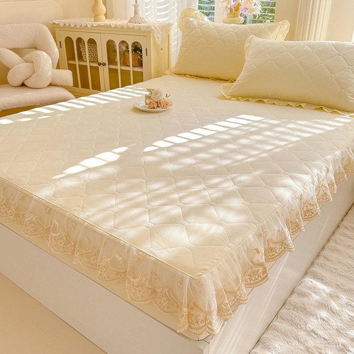 91家纺网 家纺一手货源 找家纺 美达家纺 2026新款13372全棉素色夹棉床笠 米白