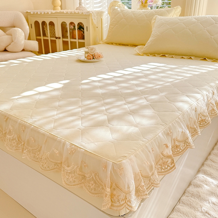 91家纺网 家纺一手货源 找家纺 美达家纺 2026新款13372全棉素色夹棉床笠 米白