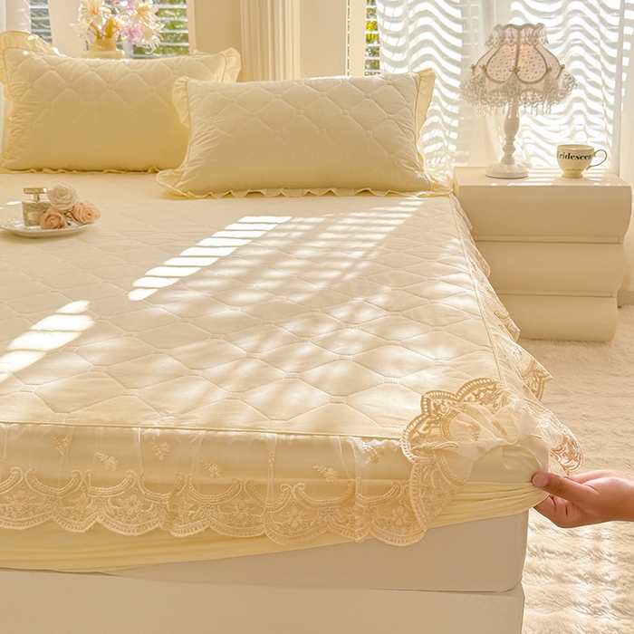 91家纺网 家纺一手货源 找家纺 美达家纺 2026新款13372全棉素色夹棉床笠 米白