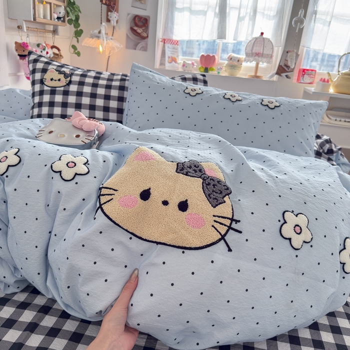 91家纺网 家纺一手货源 找家纺 港岛妹妹 2026新款皱皱纱毛巾绣四件套（有买家秀） 可爱小猫