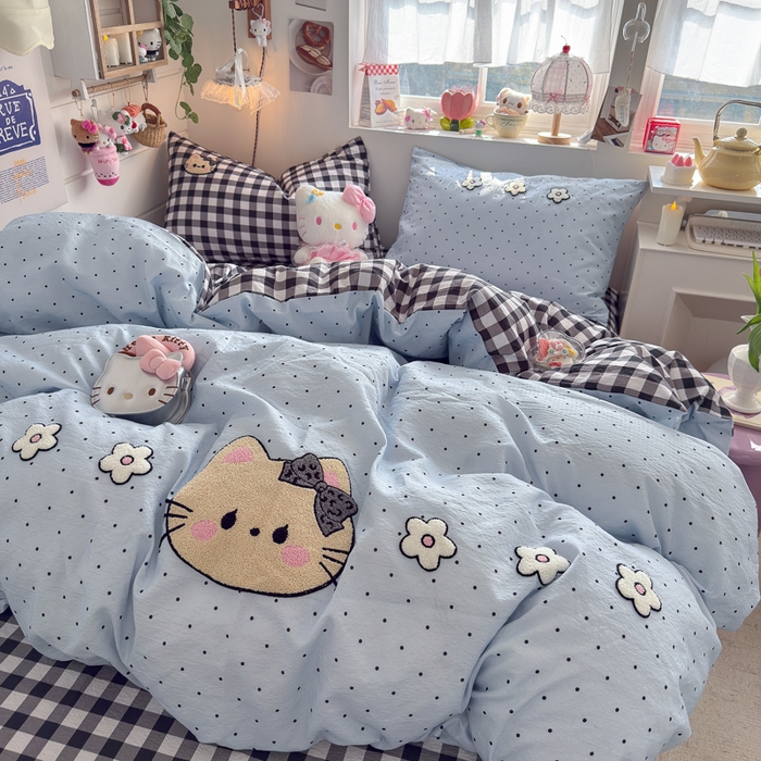 91家纺网 家纺一手货源 找家纺 港岛妹妹 2026新款皱皱纱毛巾绣四件套（有买家秀） 可爱小猫