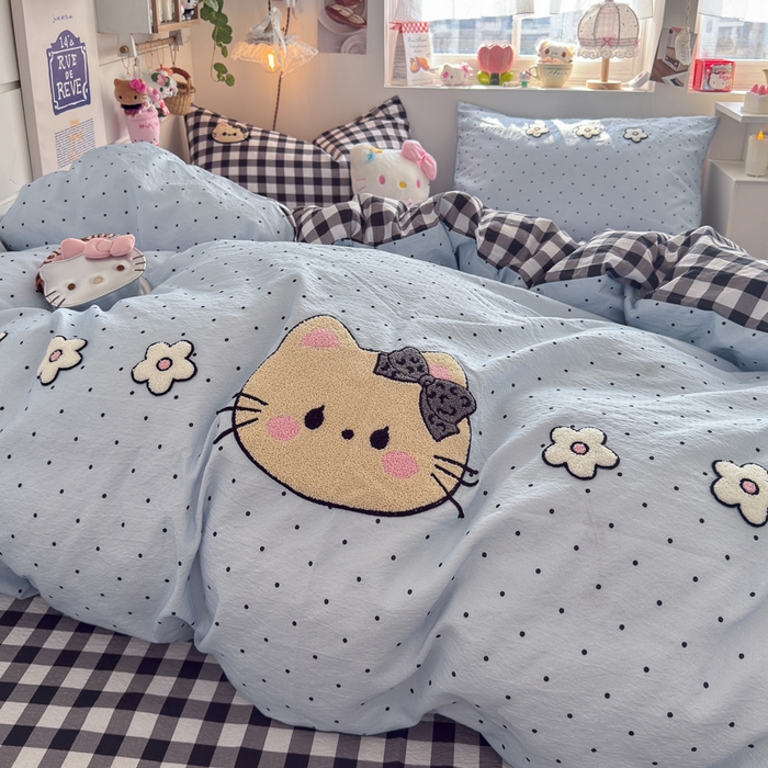 91家纺网 家纺一手货源 找家纺 港岛妹妹 2026新款皱皱纱毛巾绣四件套（有买家秀） 可爱小猫