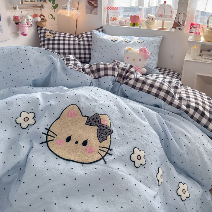 91家纺网 家纺一手货源 找家纺 港岛妹妹 2026新款皱皱纱毛巾绣四件套（有买家秀） 可爱小猫