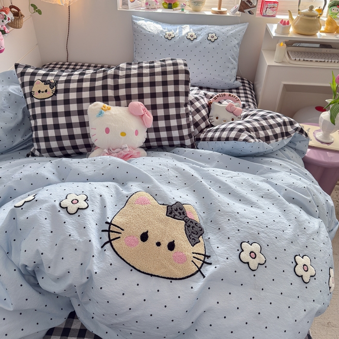 91家纺网 家纺一手货源 找家纺 港岛妹妹 2026新款皱皱纱毛巾绣四件套（有买家秀） 可爱小猫