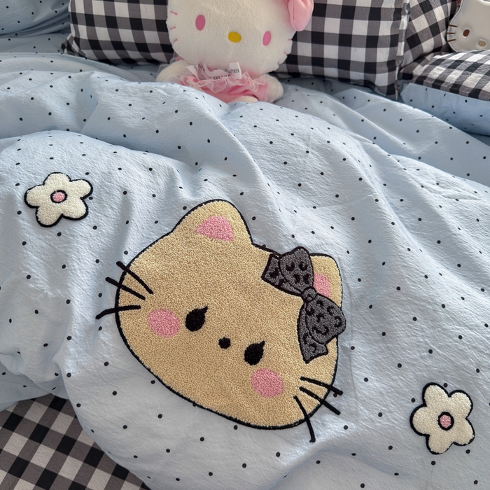 91家纺网 家纺一手货源 找家纺 港岛妹妹 2026新款皱皱纱毛巾绣四件套（有买家秀） 可爱小猫