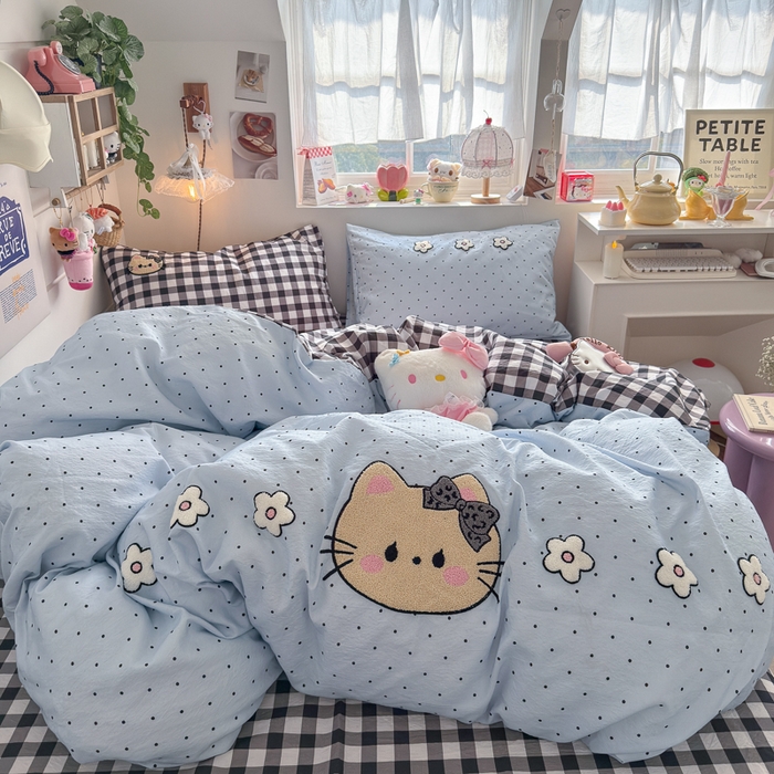 91家纺网 家纺一手货源 找家纺 港岛妹妹 2026新款皱皱纱毛巾绣四件套（有买家秀） 可爱小猫