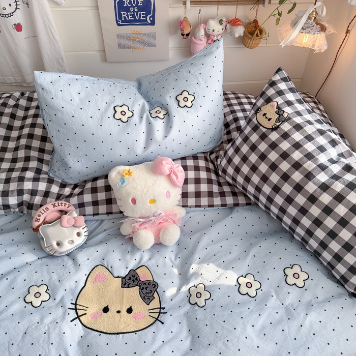 91家纺网 家纺一手货源 找家纺 港岛妹妹 2026新款皱皱纱毛巾绣四件套（有买家秀） 可爱小猫