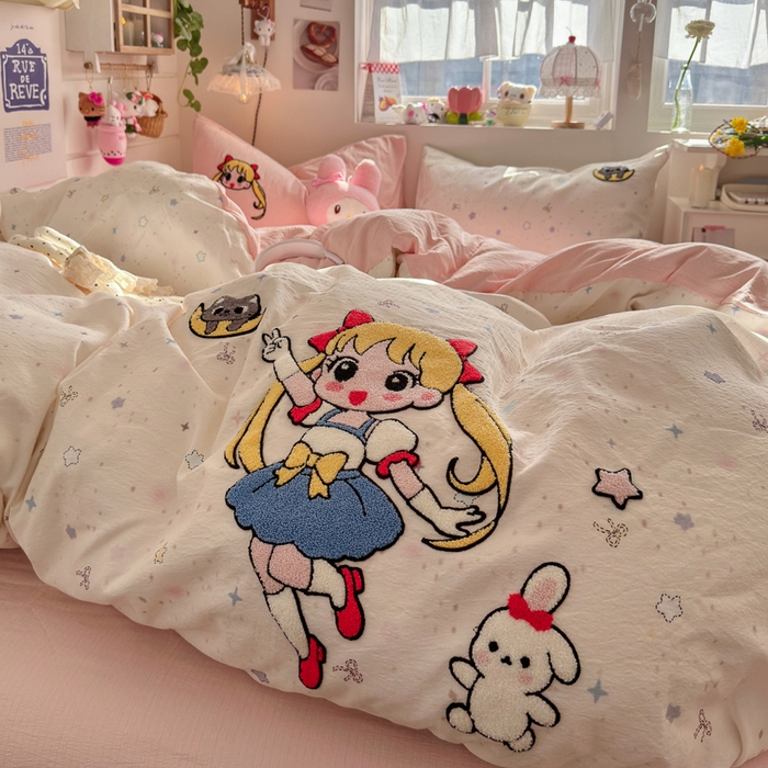 91家纺网 家纺一手货源 找家纺 港岛妹妹 2026新款皱皱纱毛巾绣四件套（有买家秀） 少女战士