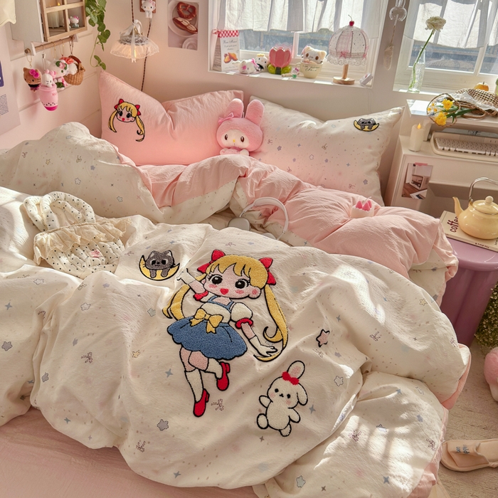 91家纺网 家纺一手货源 找家纺 港岛妹妹 2026新款皱皱纱毛巾绣四件套（有买家秀） 少女战士