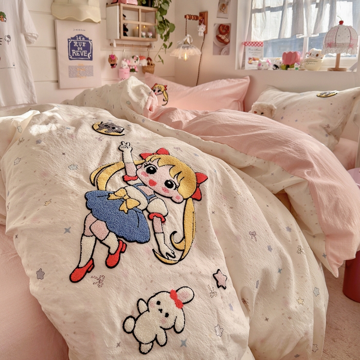 91家纺网 家纺一手货源 找家纺 港岛妹妹 2026新款皱皱纱毛巾绣四件套（有买家秀） 少女战士