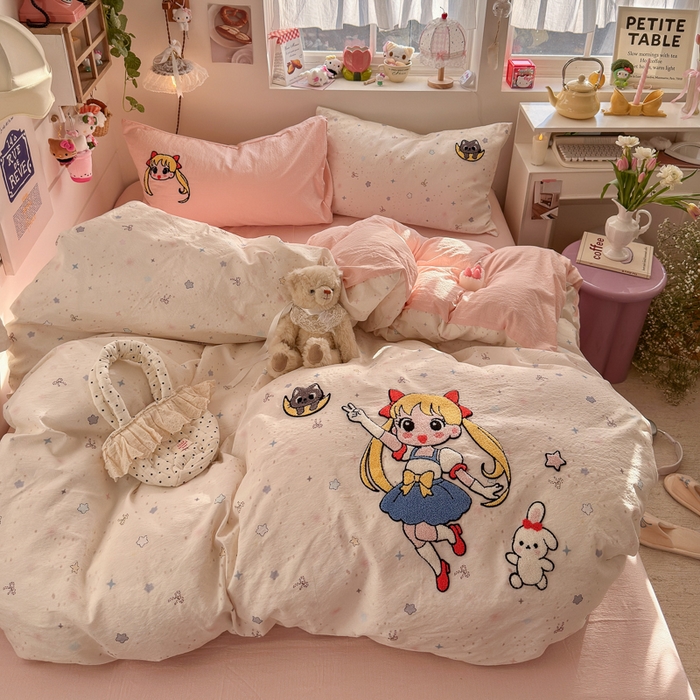 91家纺网 家纺一手货源 找家纺 港岛妹妹 2026新款皱皱纱毛巾绣四件套（有买家秀） 少女战士