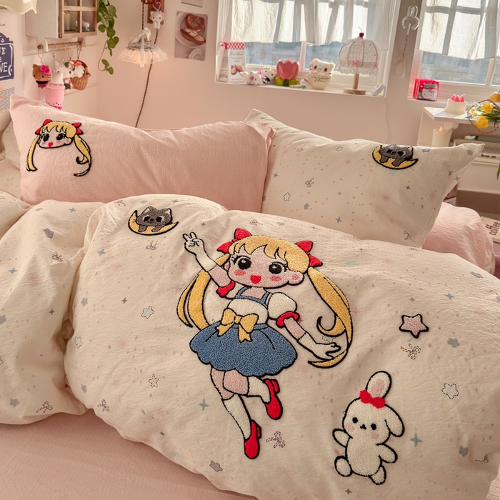 91家纺网 家纺一手货源 找家纺 港岛妹妹 2026新款皱皱纱毛巾绣四件套（有买家秀） 少女战士