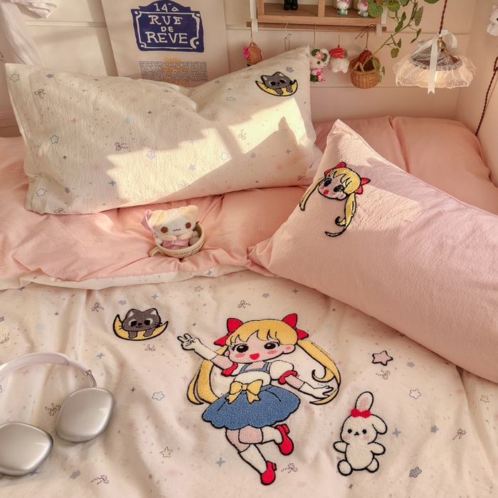 91家纺网 家纺一手货源 找家纺 港岛妹妹 2026新款皱皱纱毛巾绣四件套（有买家秀） 少女战士