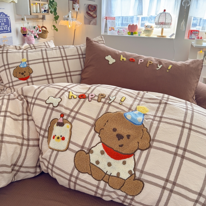 91家纺网 家纺一手货源 找家纺 港岛妹妹 2026新款皱皱纱毛巾绣四件套（有买家秀） 吐司汪汪