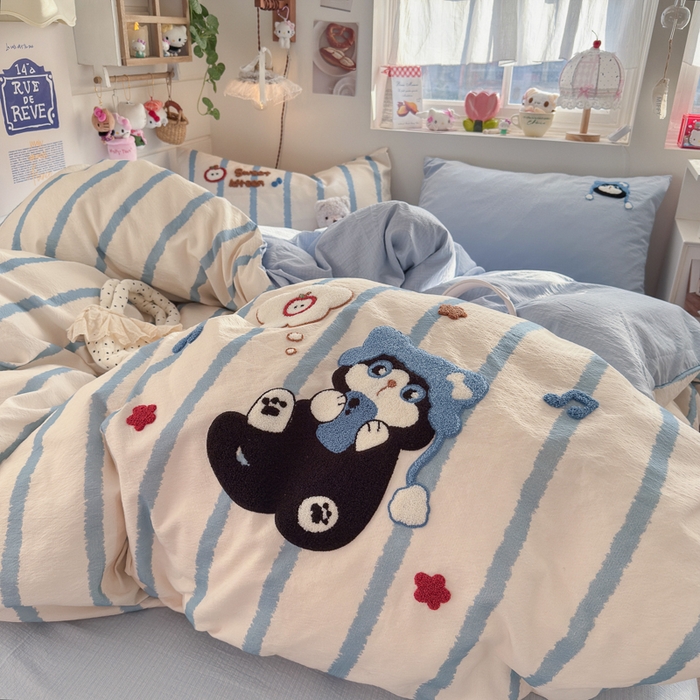 91家纺网 家纺一手货源 找家纺 港岛妹妹 2026新款皱皱纱毛巾绣四件套（有买家秀） 休闲小猫