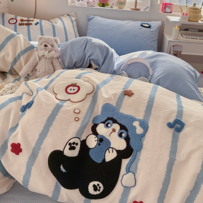 91家纺网 家纺一手货源 找家纺 港岛妹妹 2026新款皱皱纱毛巾绣四件套（有买家秀） 休闲小猫