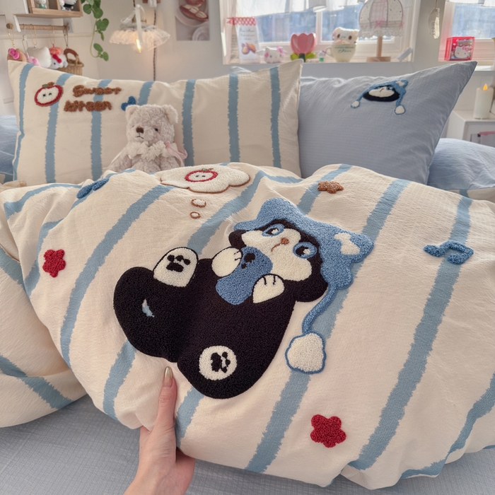 91家纺网 家纺一手货源 找家纺 港岛妹妹 2026新款皱皱纱毛巾绣四件套（有买家秀） 休闲小猫