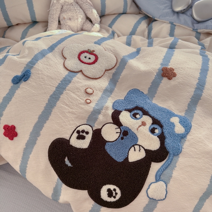 91家纺网 家纺一手货源 找家纺 港岛妹妹 2026新款皱皱纱毛巾绣四件套（有买家秀） 休闲小猫