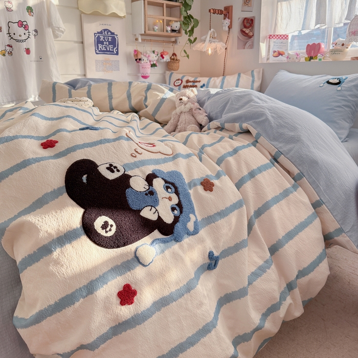 91家纺网 家纺一手货源 找家纺 港岛妹妹 2026新款皱皱纱毛巾绣四件套（有买家秀） 休闲小猫