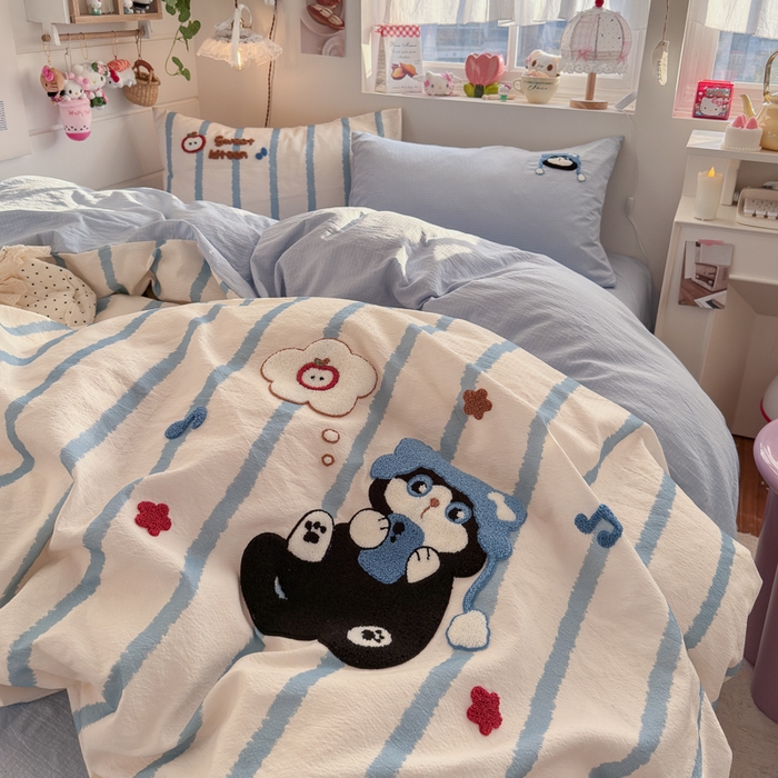 91家纺网 家纺一手货源 找家纺 港岛妹妹 2026新款皱皱纱毛巾绣四件套（有买家秀） 休闲小猫