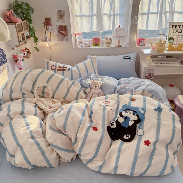 91家纺网 家纺一手货源 找家纺 港岛妹妹 2026新款皱皱纱毛巾绣四件套（有买家秀） 休闲小猫