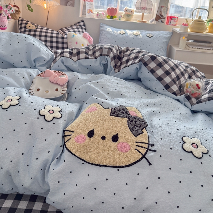 91家纺网 家纺一手货源 找家纺 海岛哥哥 2026新款皱皱纱毛巾绣四件套-含买家秀 可爱小猫