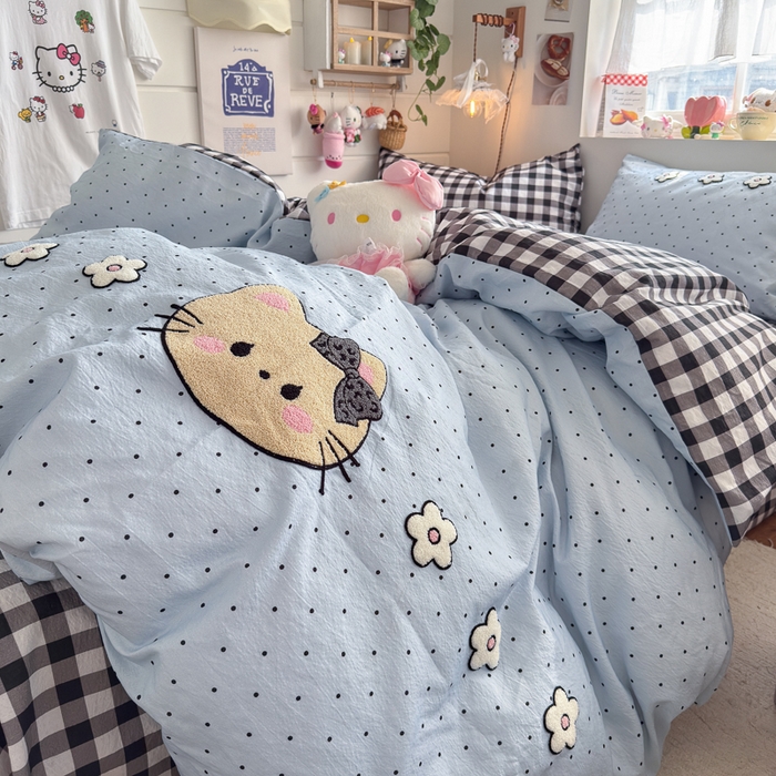 91家纺网 家纺一手货源 找家纺 海岛哥哥 2026新款皱皱纱毛巾绣四件套-含买家秀 可爱小猫