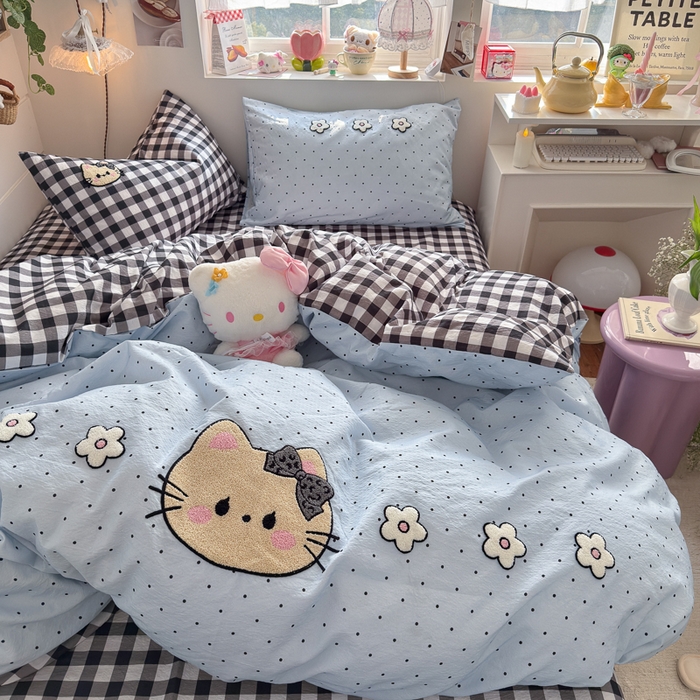 91家纺网 家纺一手货源 找家纺 海岛哥哥 2026新款皱皱纱毛巾绣四件套-含买家秀 可爱小猫