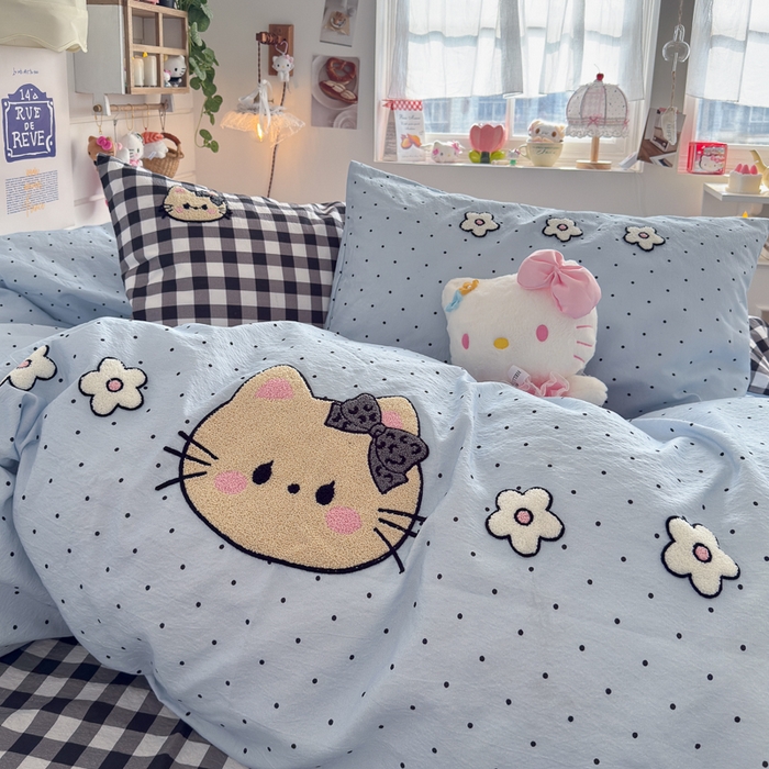 91家纺网 家纺一手货源 找家纺 海岛哥哥 2026新款皱皱纱毛巾绣四件套-含买家秀 可爱小猫