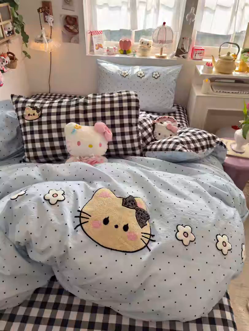 91家纺网 家纺一手货源 找家纺 海岛哥哥 2026新款皱皱纱毛巾绣四件套-含买家秀 可爱小猫