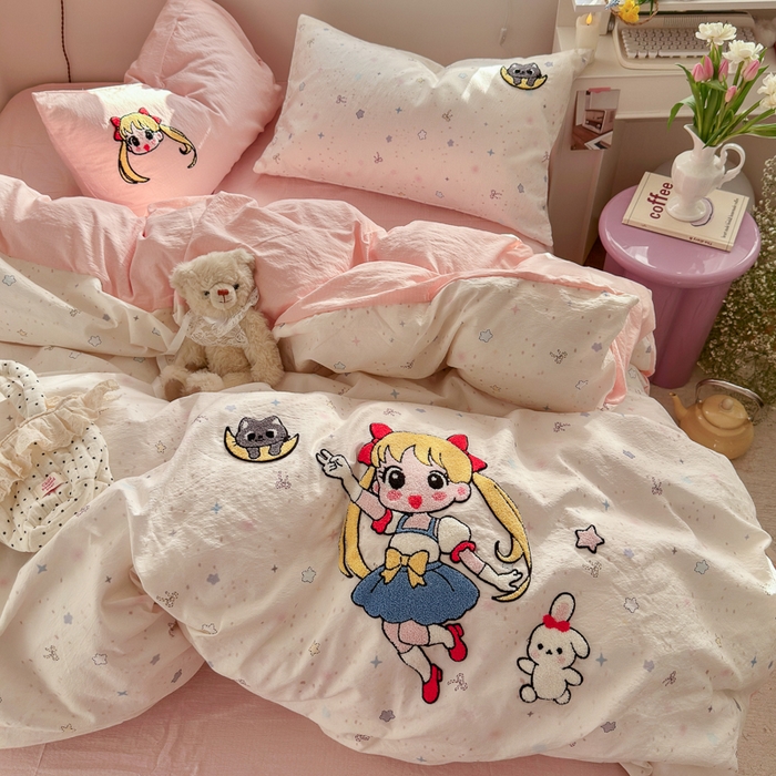 91家纺网 家纺一手货源 找家纺 海岛哥哥 2026新款皱皱纱毛巾绣四件套-含买家秀 少女战士