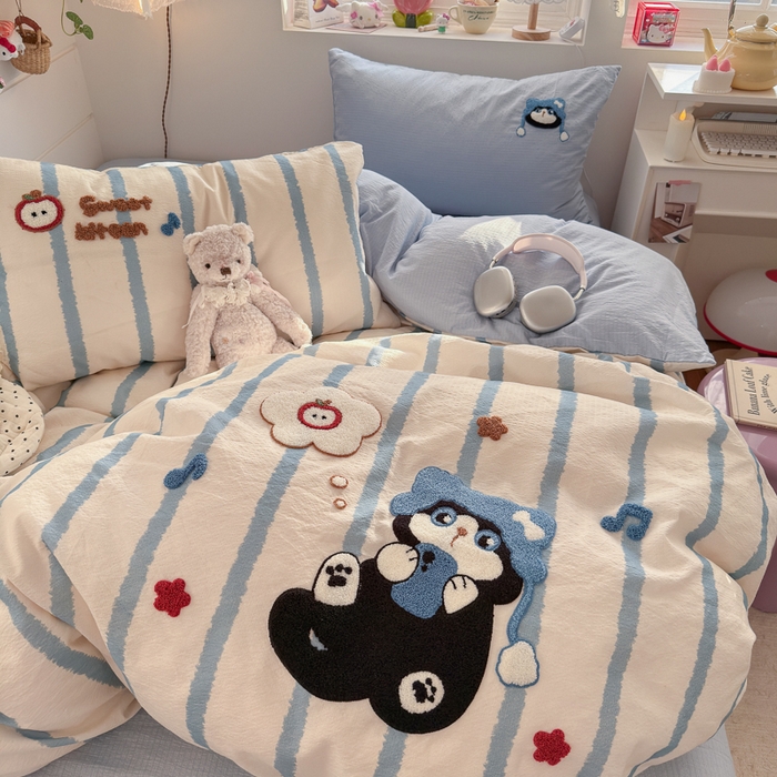 91家纺网 家纺一手货源 找家纺 海岛哥哥 2026新款皱皱纱毛巾绣四件套-含买家秀 休闲小猫