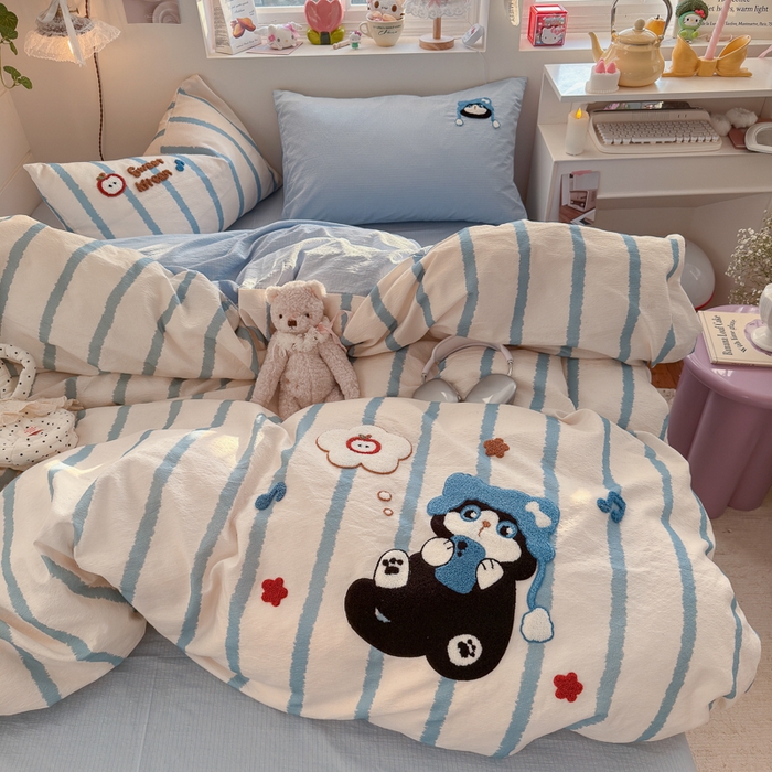 91家纺网 家纺一手货源 找家纺 海岛哥哥 2026新款皱皱纱毛巾绣四件套-含买家秀 休闲小猫