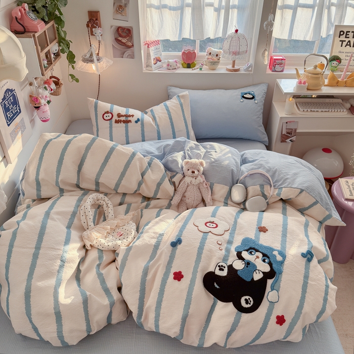 91家纺网 家纺一手货源 找家纺 海岛哥哥 2026新款皱皱纱毛巾绣四件套-含买家秀 休闲小猫