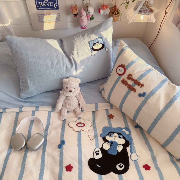 91家纺网 家纺一手货源 找家纺 海岛哥哥 2026新款皱皱纱毛巾绣四件套-含买家秀 休闲小猫