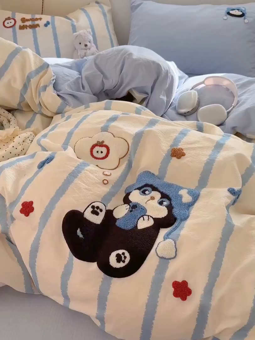 91家纺网 家纺一手货源 找家纺 海岛哥哥 2026新款皱皱纱毛巾绣四件套-含买家秀 休闲小猫