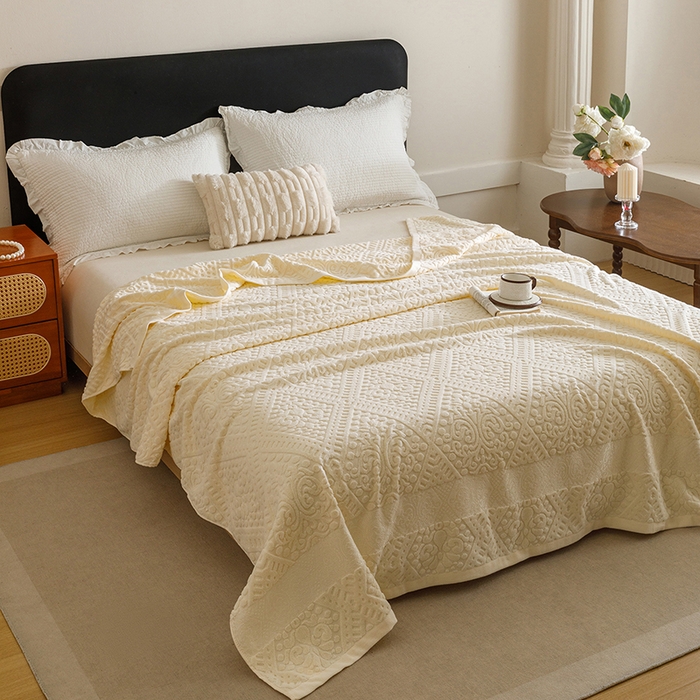 91家纺网 家纺一手货源 找家纺 悦然毛巾被 2026新款全棉老式毛巾被夏被空调毯 菱纹米白